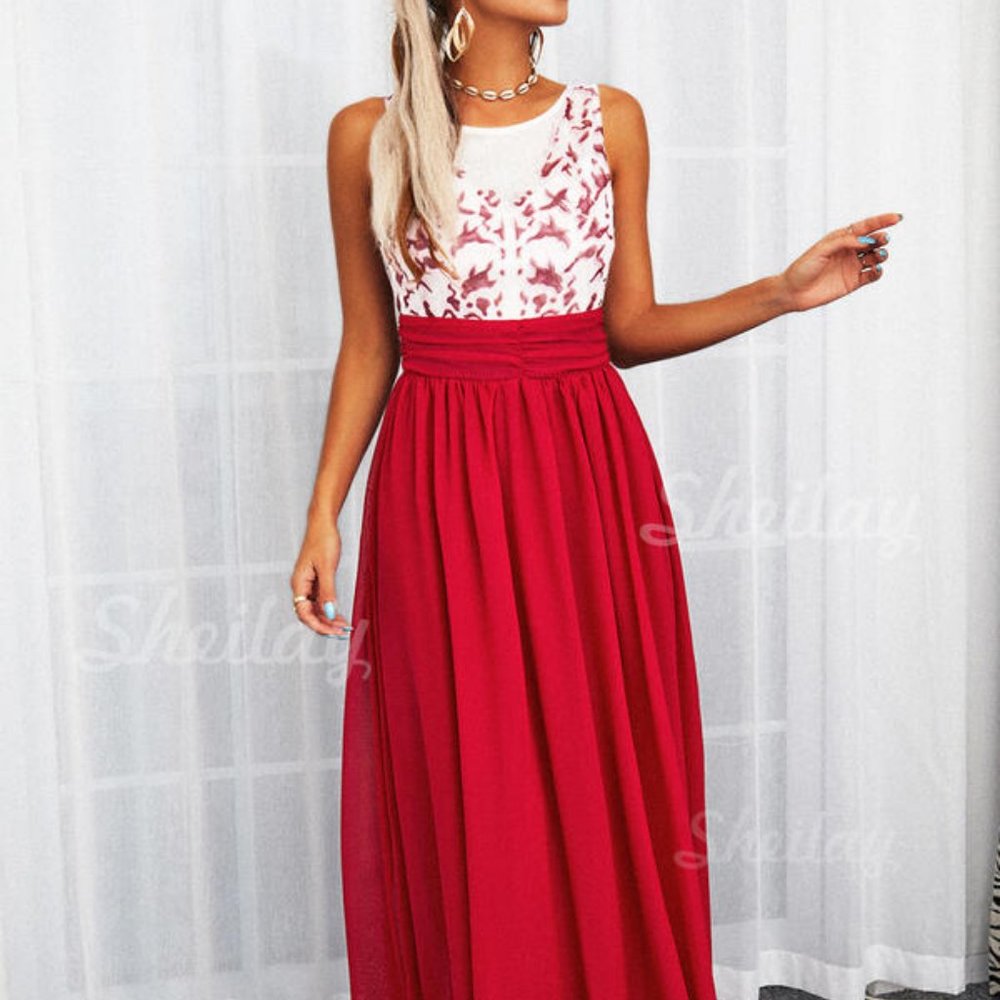 Burgundy Print/Backless Sleeveless A-line Skater Party Maxi Dress